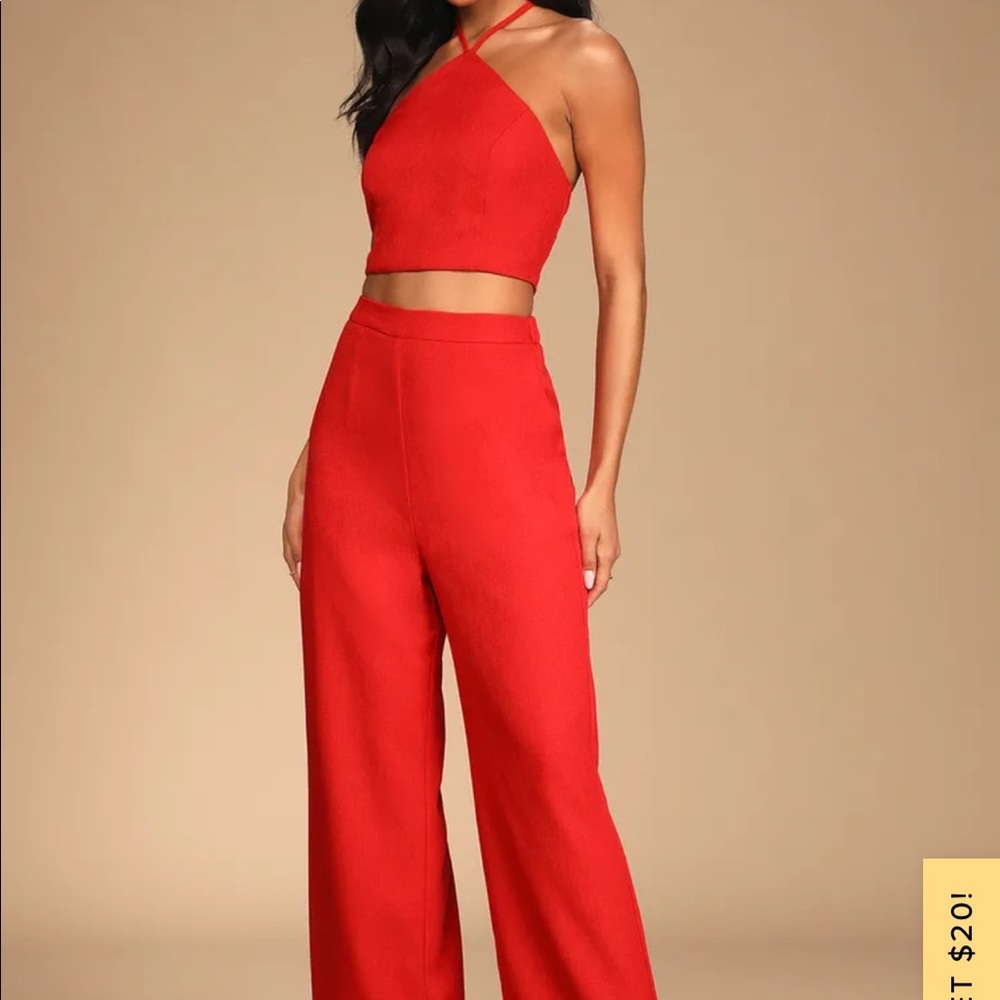 Lulus Elegant Edge Red Wide-Leg Halter Two-Piece Jumpsuit